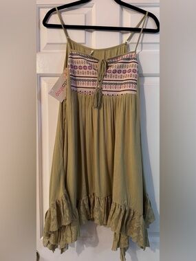 NWT Mittoshop Olive Green Dress with Embroidered Jacquard Panel Lace Hem Size L